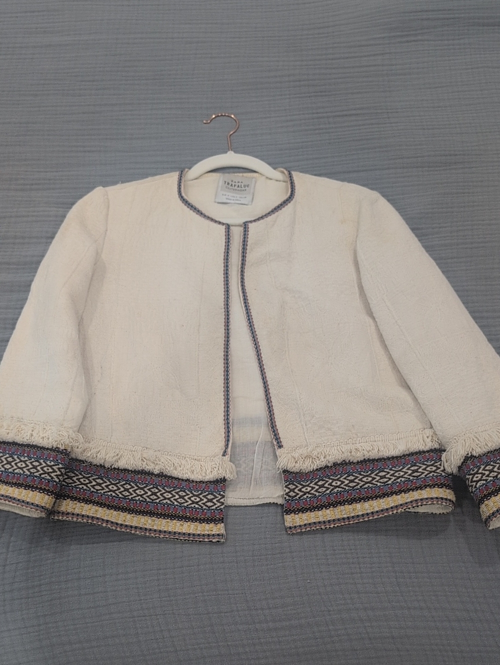Zara Cream Tweed Open-Front Jacket with Pattern And Tassel Trim - Small